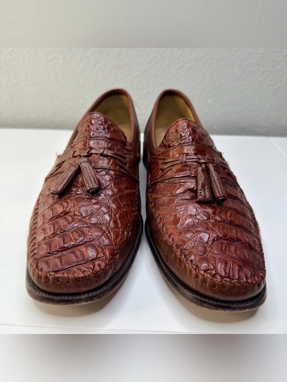 BRASS BOOT Genuine Caiman Alligator Cognac Leather Tassel Loafers Sz. 12M